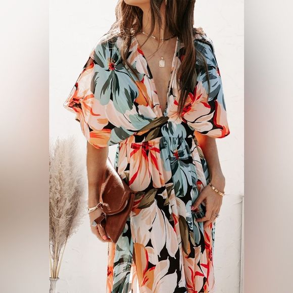 Orange Plunge Split Printed Short Sleeve Dress - Picture 7 of 7